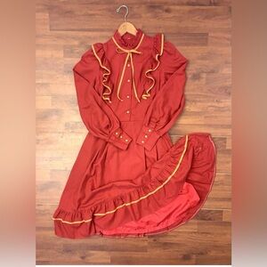 Vintage Women’s Prairie Style Ruffled Dress Lined Ribbon Detail Cuffs Small